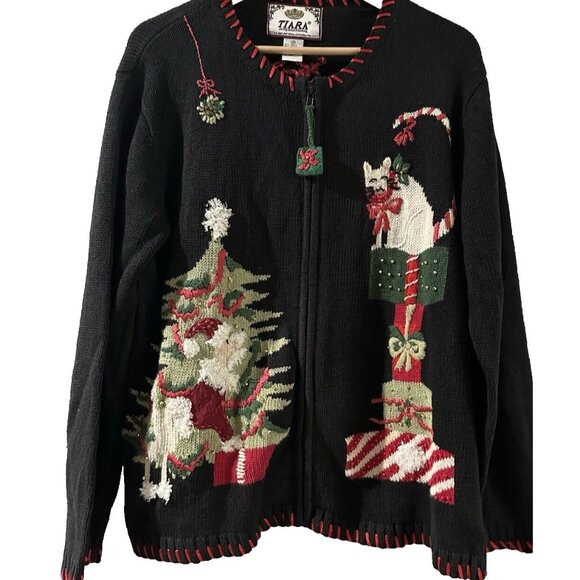 Tiara Int. Women ugly Christmas kitty cat Sweater Black Full Zip VTG sz M - Picture 1 of 16
